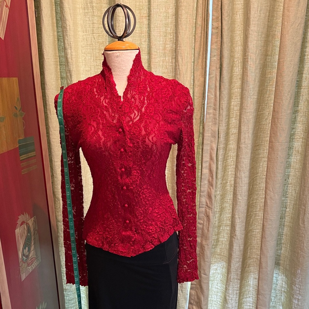 VENUS Red Lace Button-Up Blouse